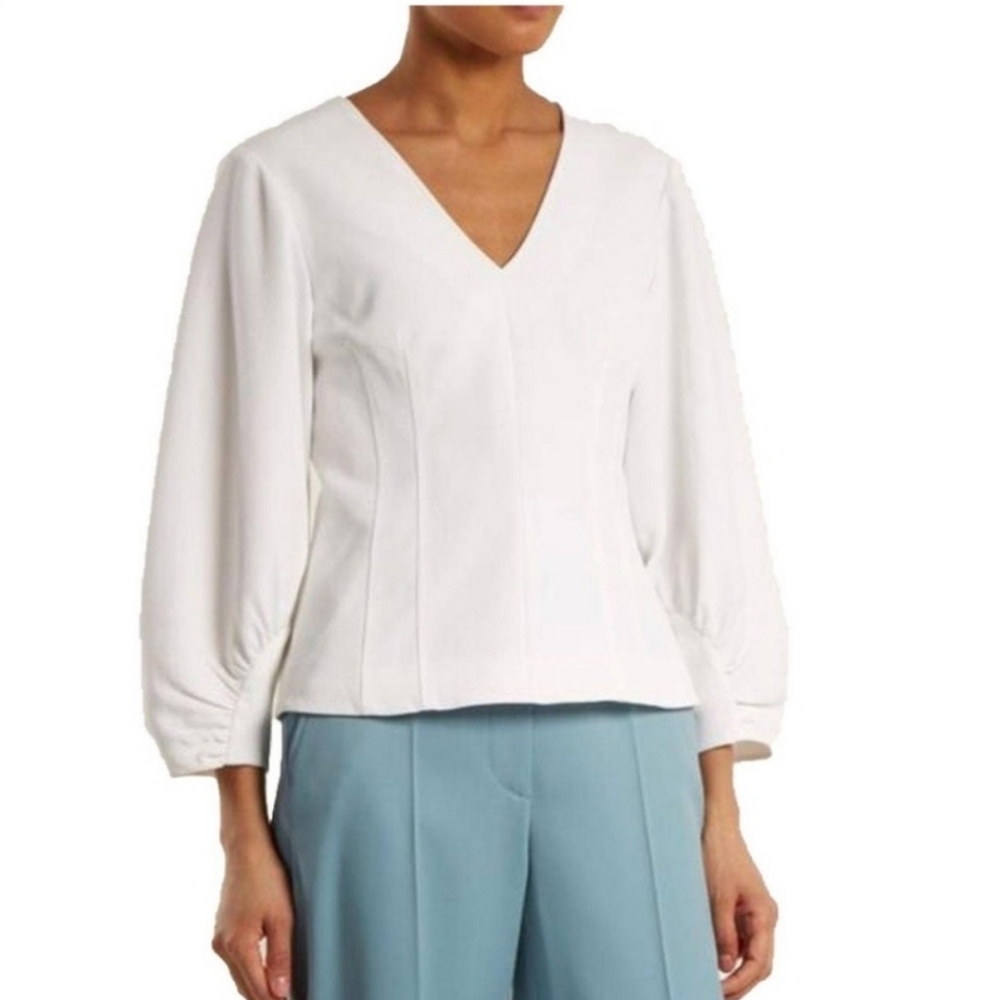 Tibi V Neck Balloon Sleeve Back Zipper Long Sleece Top‎ Blouse White Size 4